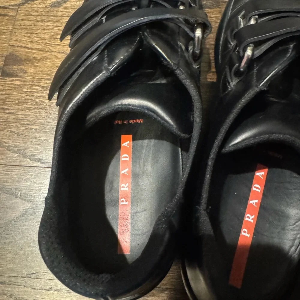 PRADA - Men’s Black Leather Sneakers With 2 Velcro Closure. Sz 10. Italy - Picture 4 of 7